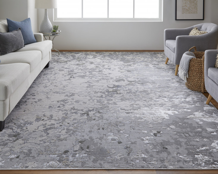 8' x 11' Silver Gray and White Abstract Stain Resistant Area Rug