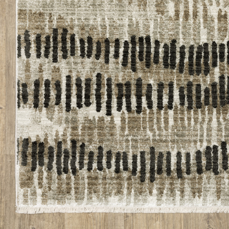 8' x 11' Beige Ivory Charcoal Brown Tan and Grey Abstract Power Loom Area Rug with Fringe