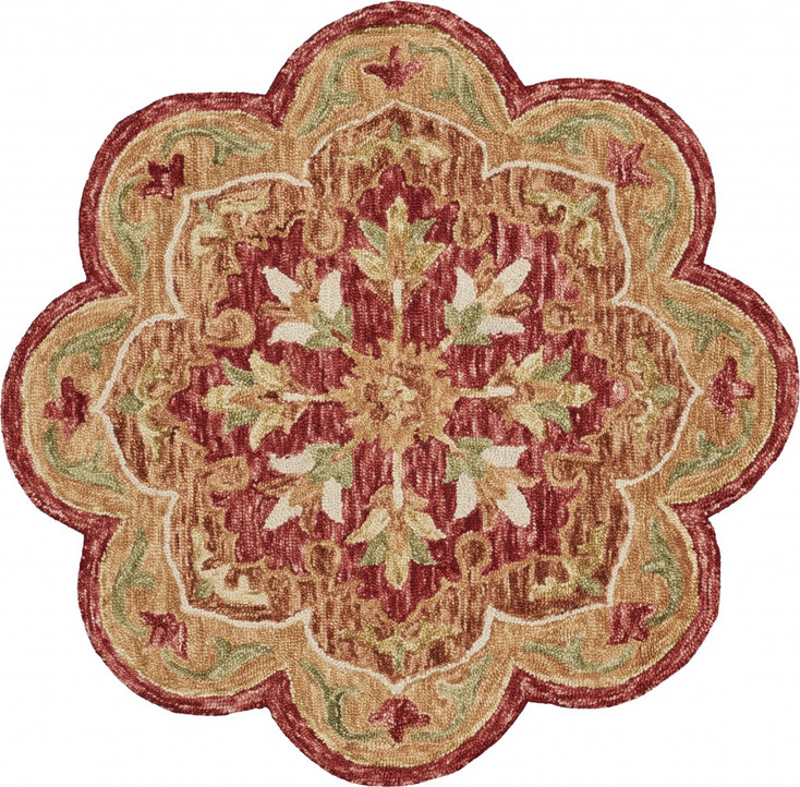 4' Round Rustic Red Scalloped Edge Area Rug