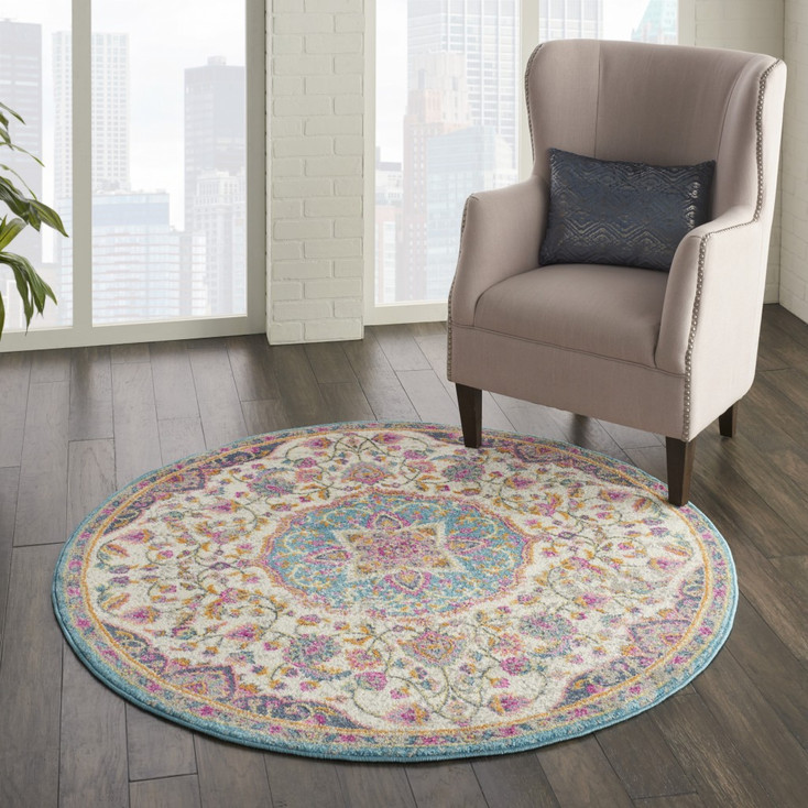 4' Pink and Green Round Dhurrie Area Rug