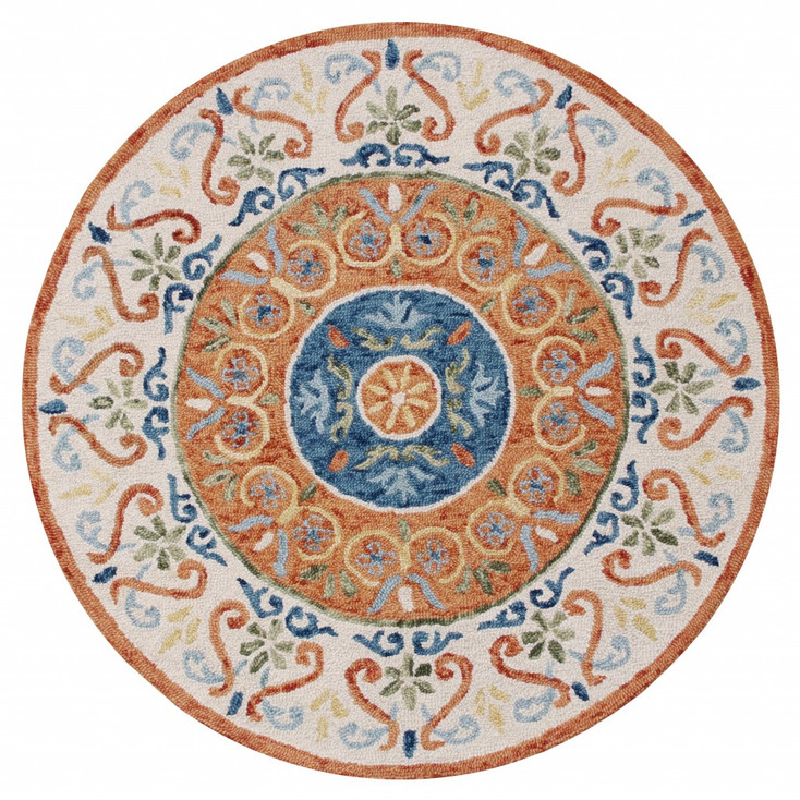 4' Round Orange Traditional Medallion Area Rug