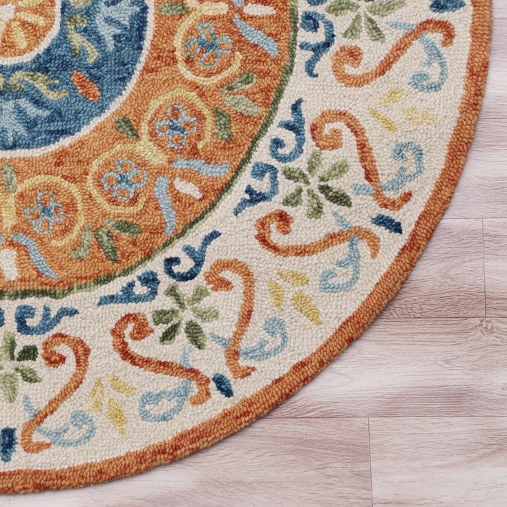 4' Round Orange Traditional Medallion Area Rug