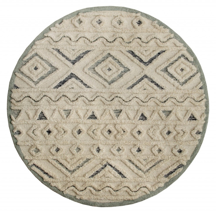 4' Round Cream Modern Geometric Wool Area Rug