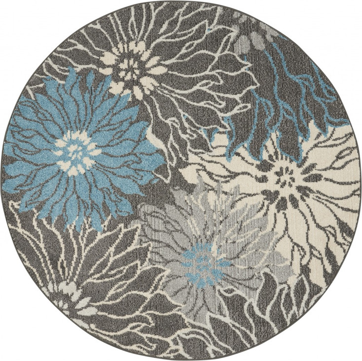 4' Blue and Gray Round Floral Power Loom Area Rug