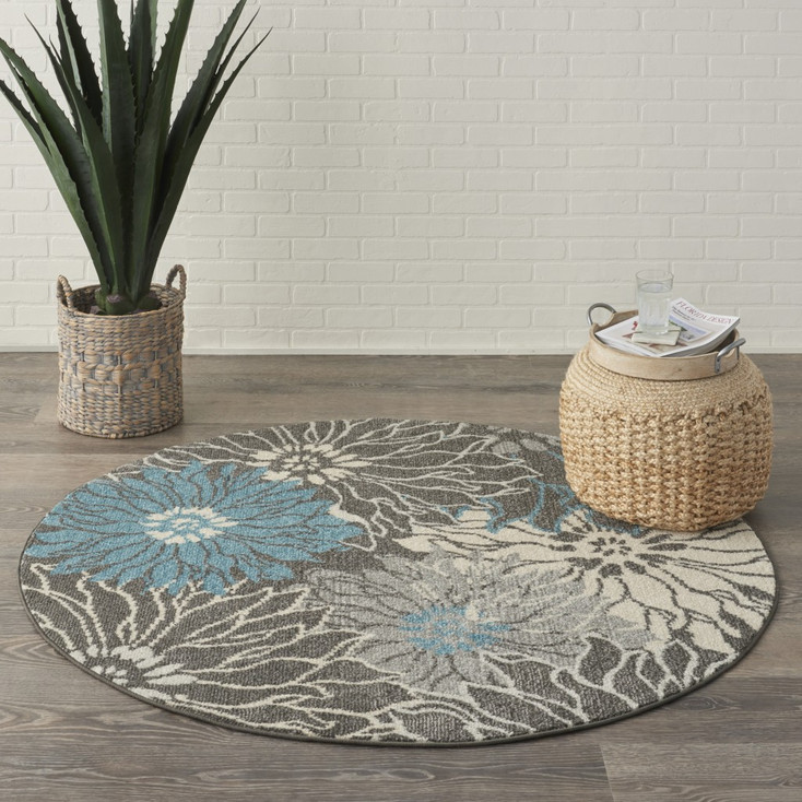 4' Blue and Gray Round Floral Power Loom Area Rug
