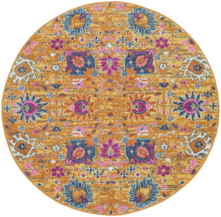 4' Gold Round Floral Power Loom Area Rug