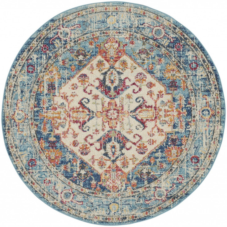 4' Blue and Ivory Round Power Loom Area Rug