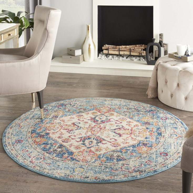 4' Blue and Ivory Round Power Loom Area Rug