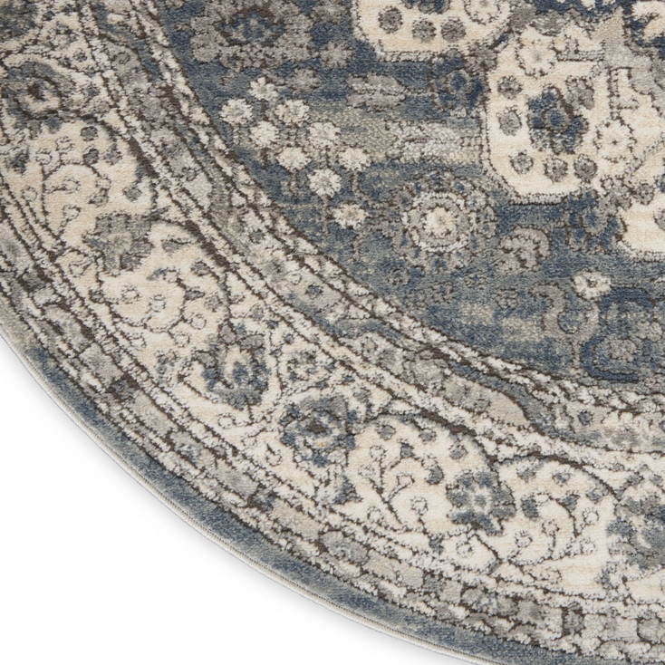 4' Grey and Ivory Round Oriental Power Loom Non Skid Area Rug