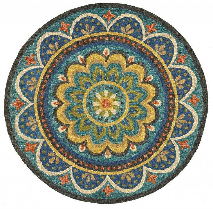 4' Round Blue Floral Wool Mandala Area Rug