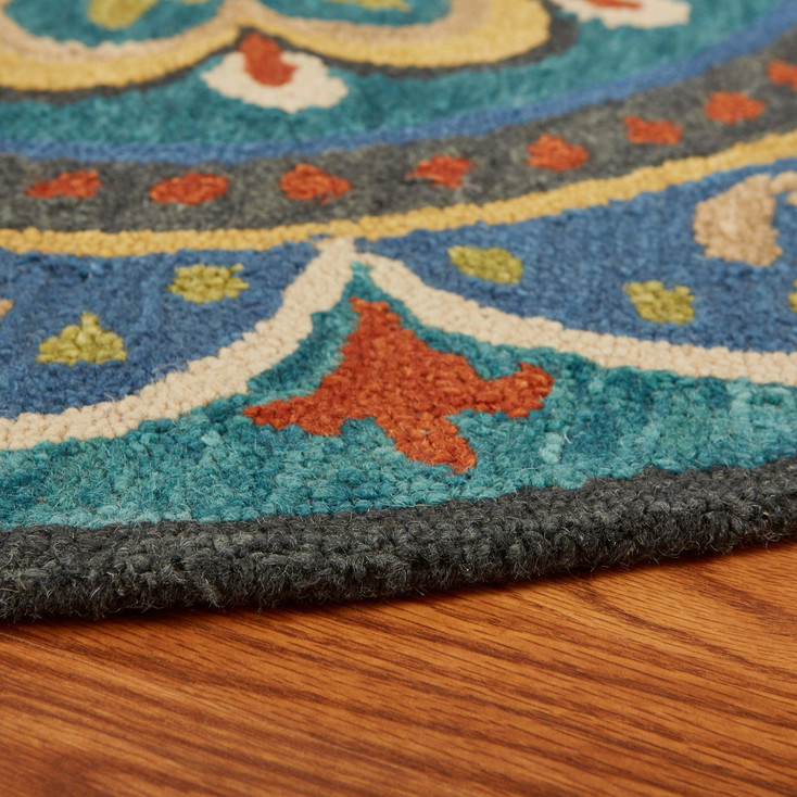 4' Round Blue Floral Wool Mandala Area Rug