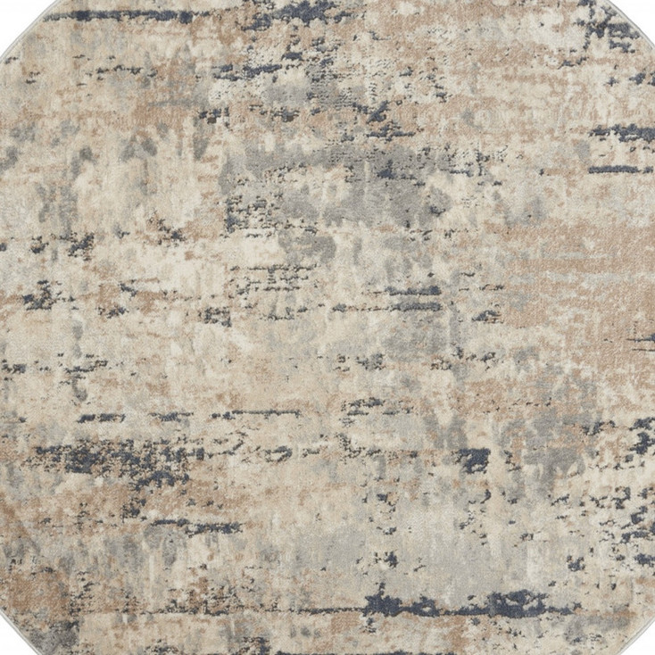 4' x 4' Beige and Grey Round Abstract Power Loom Non Skid Area Rug
