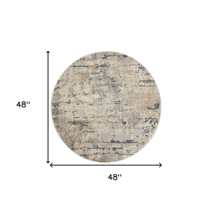 4' x 4' Beige and Grey Round Abstract Power Loom Non Skid Area Rug