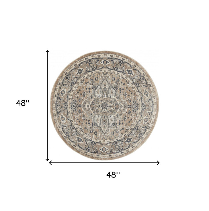 4' x 4' Beige and Grey Round Oriental Power Loom Non Skid Area Rug