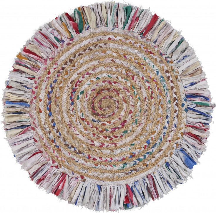 4' Bleached Multicolored Chindi and Natural Jute Fringed Round Rug