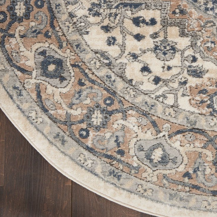 4' Ivory and Grey Round Oriental Power Loom Non Skid Area Rug