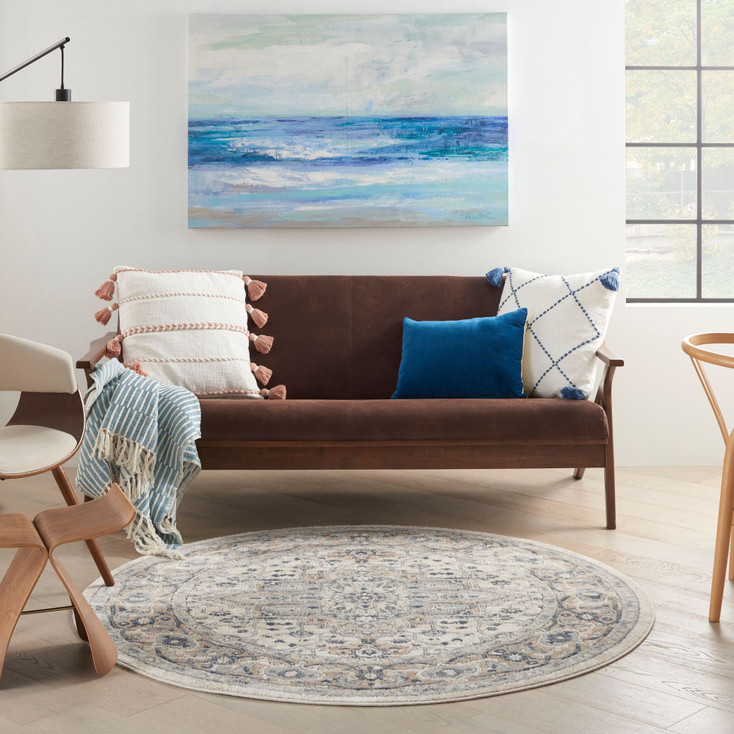 4' Ivory and Grey Round Oriental Power Loom Non Skid Area Rug