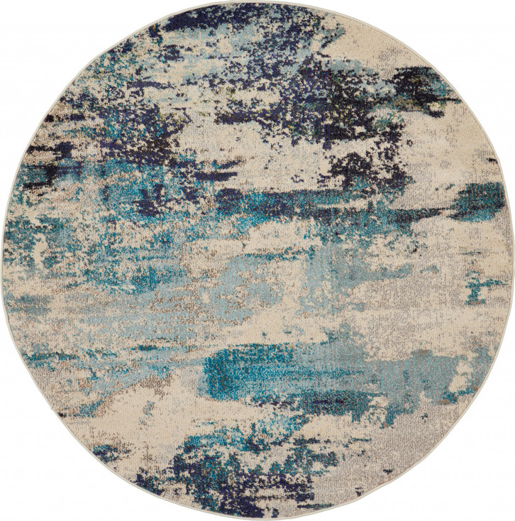 4' x 4' Ivory and Teal Blue Round Abstract Power Loom Non Skid Area Rug