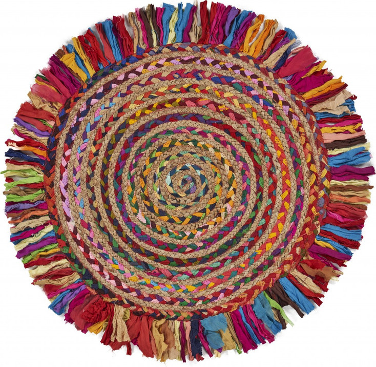 4' Multicolored Chindi and Natural Jute Fringed Round Rug