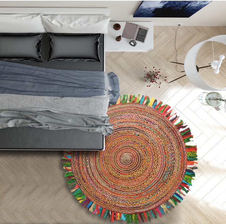 4' Multicolored Chindi and Natural Jute Fringed Round Rug