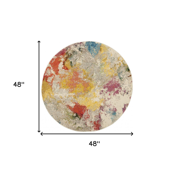 4' x 4' Ivory Abstract Power Loom Non Skid Round Area Rug