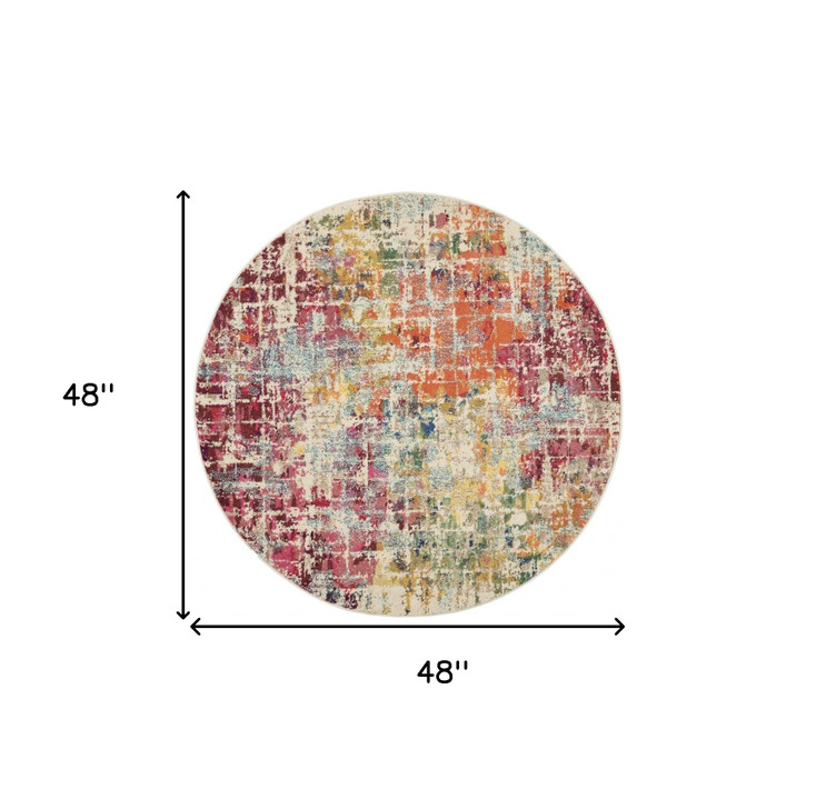 4' x 4' Pink Abstract Power Loom Distressed Non Skid Round Area Rug