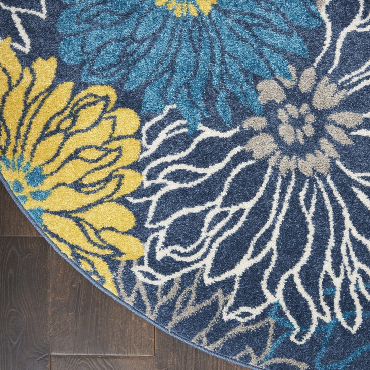 4' Blue Round Floral Power Loom Area Rug