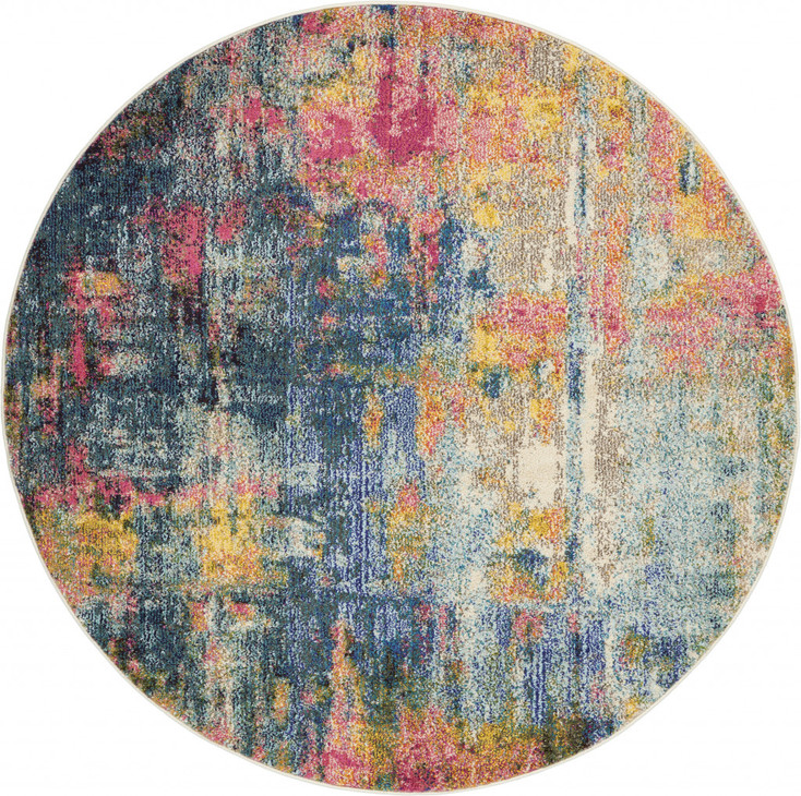 4' x 4' Blue and Yellow Abstract Power Loom Non Skid Round Area Rug