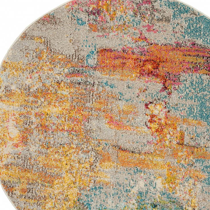 4' x 4' Ivory and Aqua Round Abstract Power Loom Non Skid Area Rug