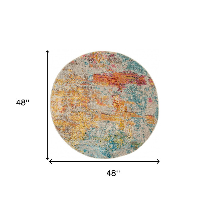 4' x 4' Ivory and Aqua Round Abstract Power Loom Non Skid Area Rug
