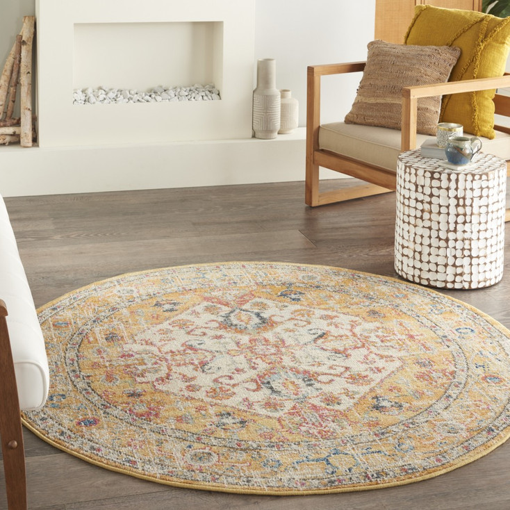 5' Yellow and Ivory Round Dhurrie Area Rug