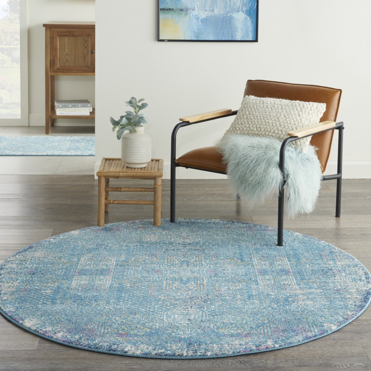 5' Blue Round Southwestern Power Loom Area Rug