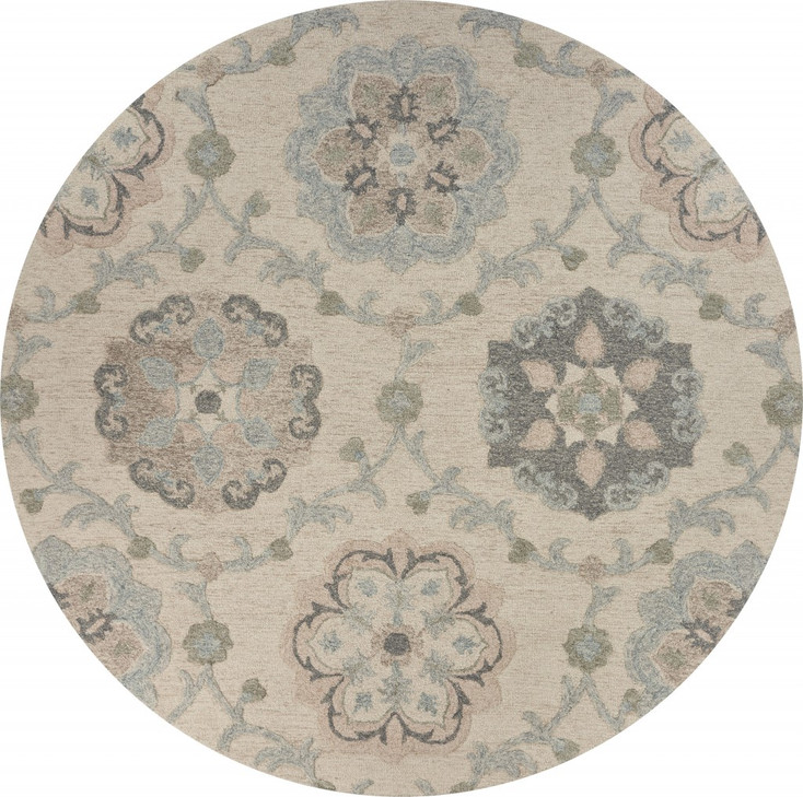 5' Blue and Ivory Round Wool Hand Tufted Area Rug