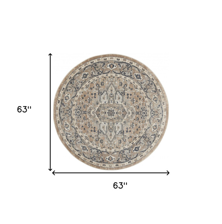 5' x 5' Beige and Grey Round Oriental Power Loom Non Skid Area Rug