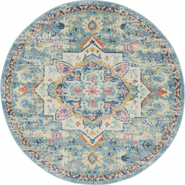 5' Blue and Ivory Round Dhurrie Area Rug