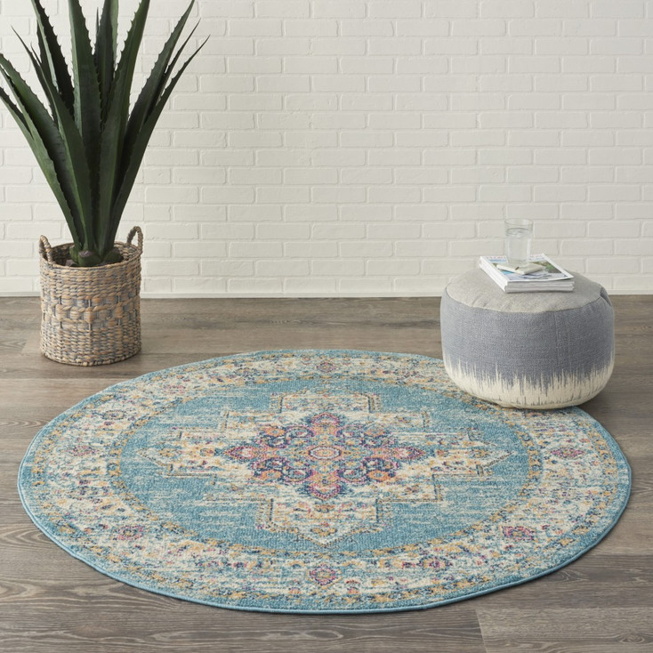 5' Light Blue Round Southwestern Power Loom Area Rug