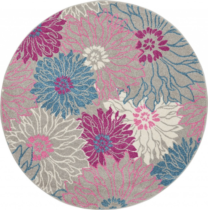 5' Gray Round Floral Dhurrie Area Rug
