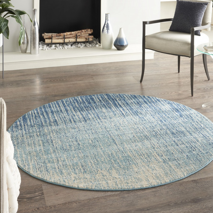 5' Ivory & Blue Round Abstract Power Loom Area Rug