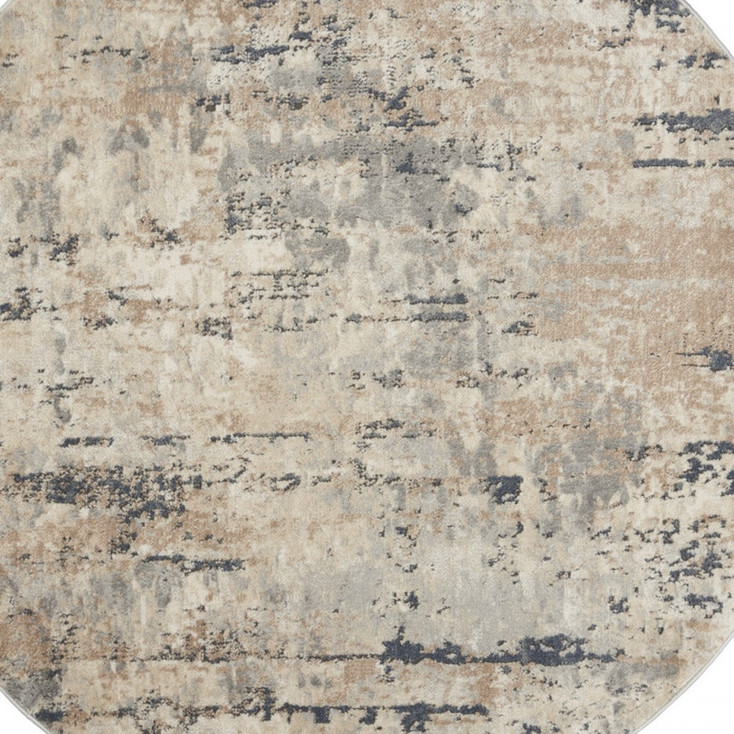5' x 5' Beige and Grey Round Abstract Power Loom Non Skid Area Rug