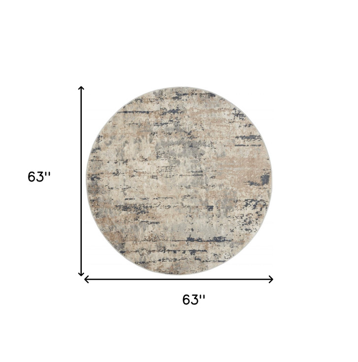 5' x 5' Beige and Grey Round Abstract Power Loom Non Skid Area Rug