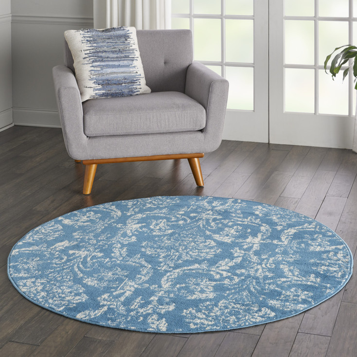 5' Blue Round Damask Power Loom Area Rug