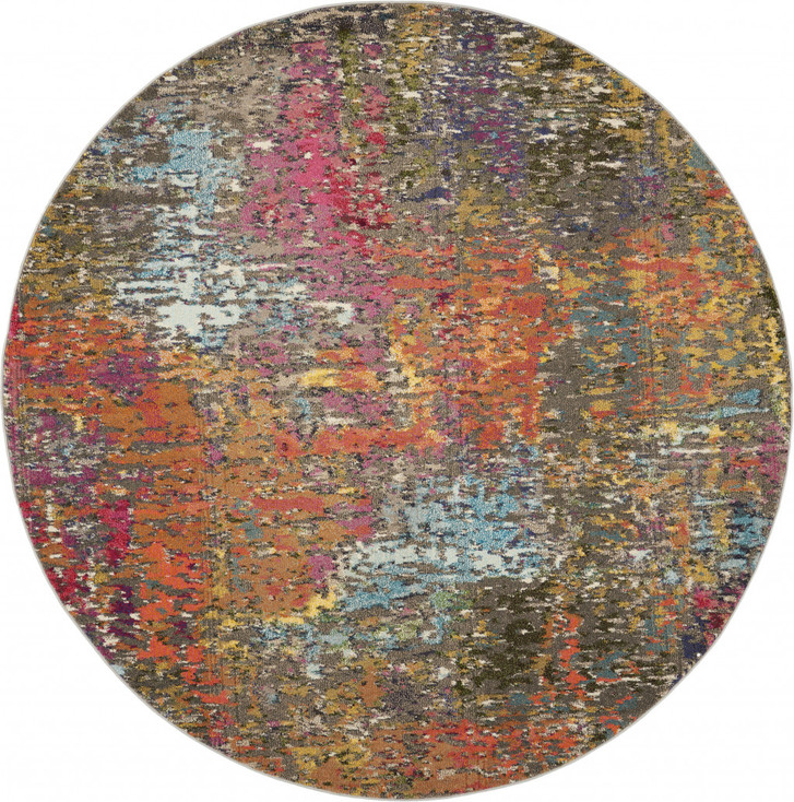 5' x 5' Sunset Round Abstract Power Loom Non Skid Area Rug