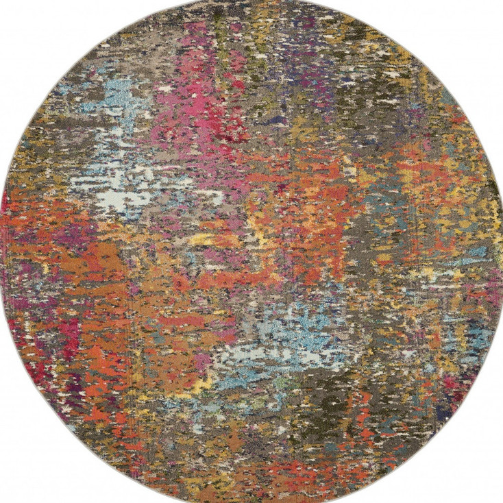 5' x 5' Sunset Round Abstract Power Loom Non Skid Area Rug