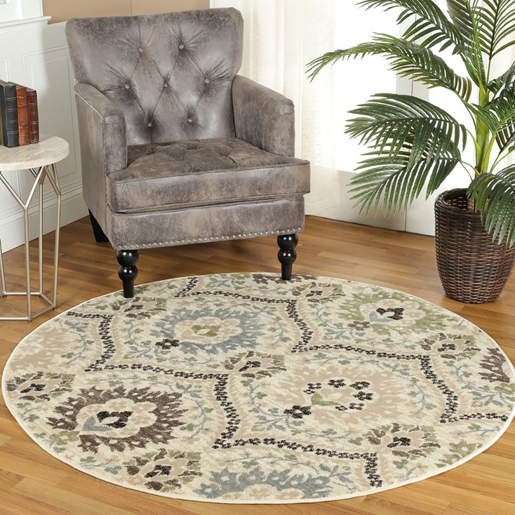 5' Round Ivory Gray and Olive Round Floral Stain Resistant Area Rug