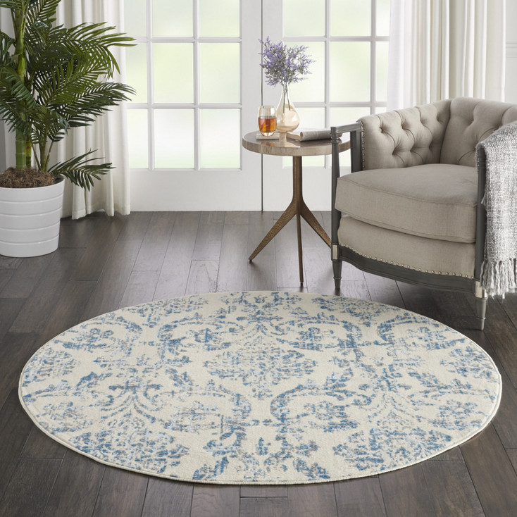 5' Cream Round Damask Power Loom Polypropylene Area Rug