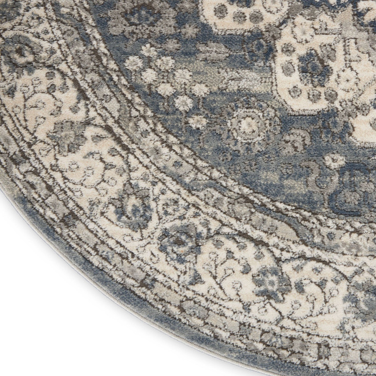 5' Grey and Ivory Round Oriental Power Loom Non Skid Area Rug
