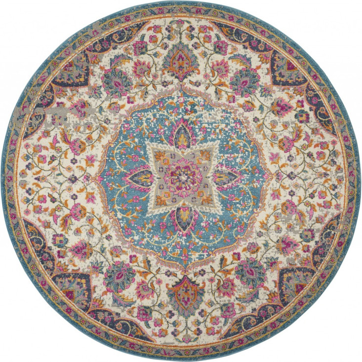 5' Pink and Green Round Dhurrie Area Rug