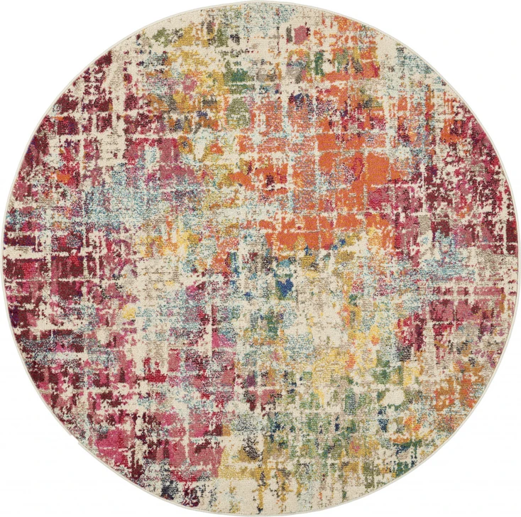 5' x 5' Pink Round Abstract Power Loom Distressed Non Skid Area Rug