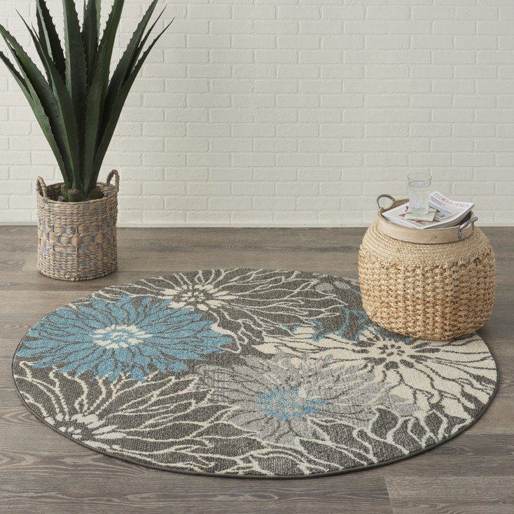 5' Blue and Gray Round Floral Power Loom Area Rug