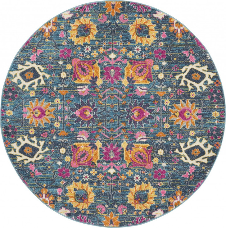 5' Blue and Orange Round Floral Power Loom Area Rug
